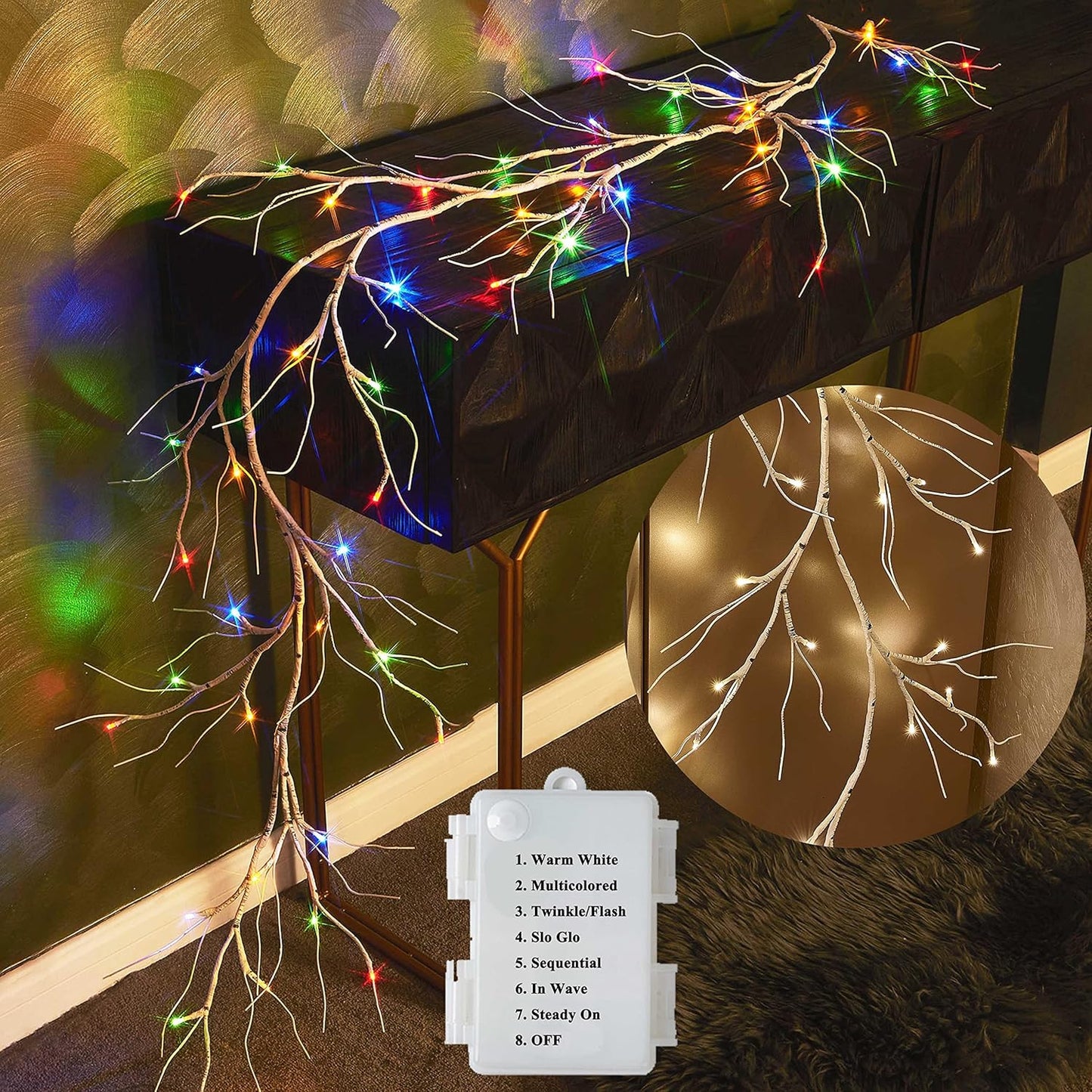 Hairui Lighted Birch Garland Battery Operated with 8 Function 48 Warm White and Multi Color Lights 6FT, Pre Lit Garland for Fireplace Christmas Holiday Decoration Indoor Outdoor