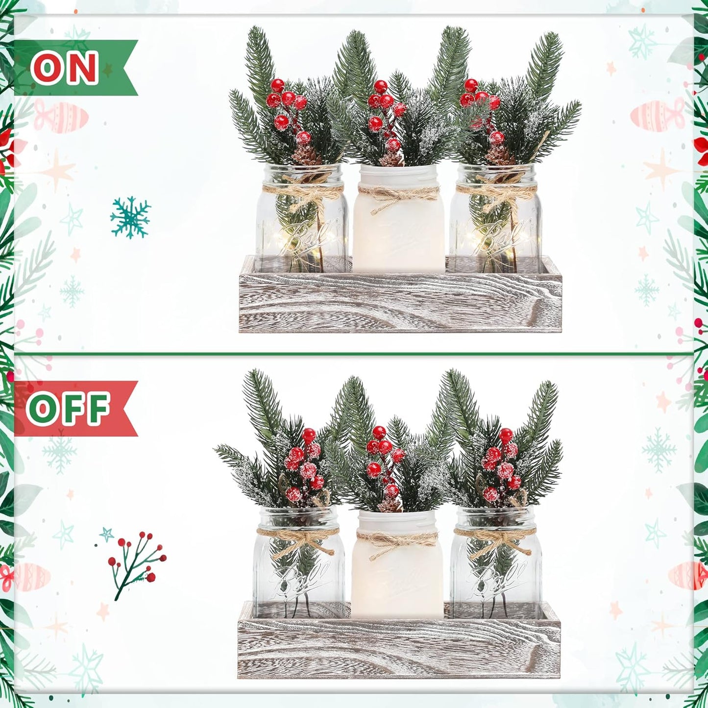 Christmas Mason Jars, Christmas Centerpiece Table Settings, Wood Tray with 3 Painted Jars, Dining Coffee Table Centerpiece, For Kitchen, Living Room, White Mason Jar Decor with Flowers