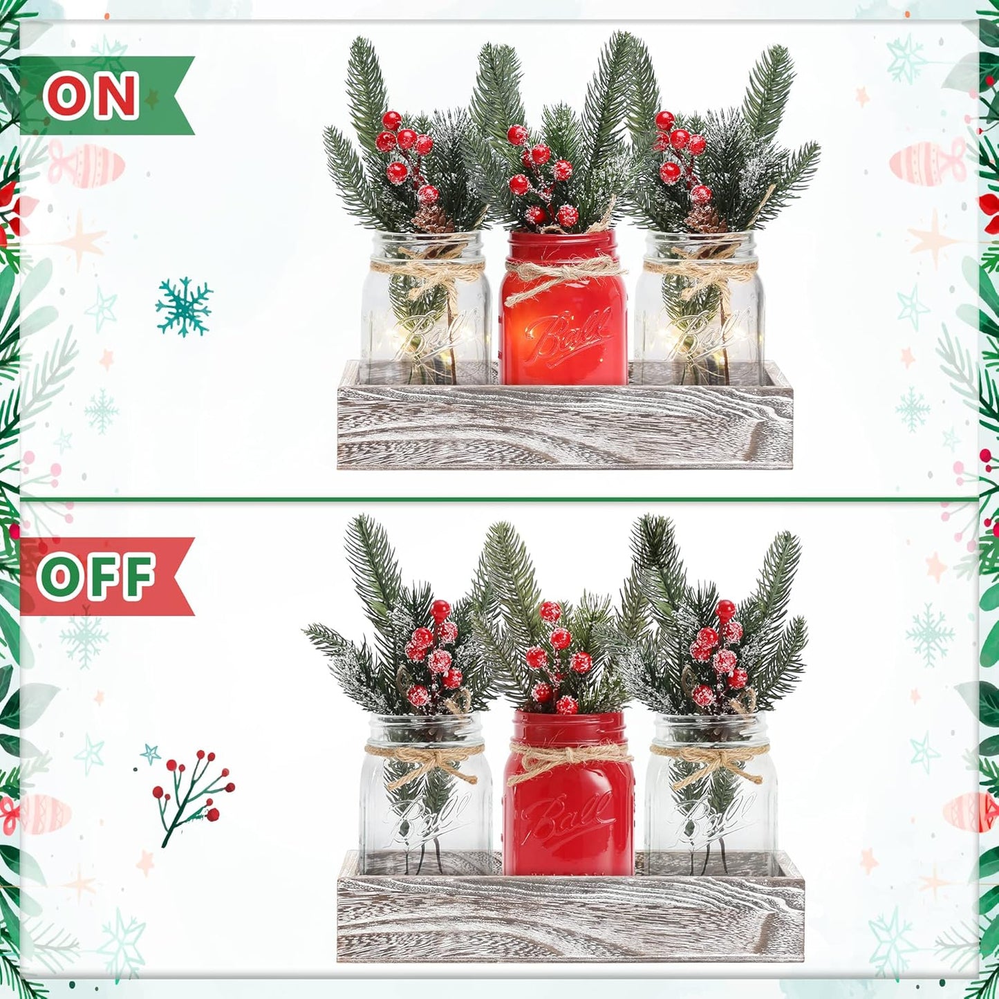 Christmas Mason Jars, Christmas Centerpiece Table Settings, Wood Tray with 3 Painted Jars, Dining Coffee Table Centerpiece, For Kitchen, Living Room, Red Mason Jar Decor with Flowers