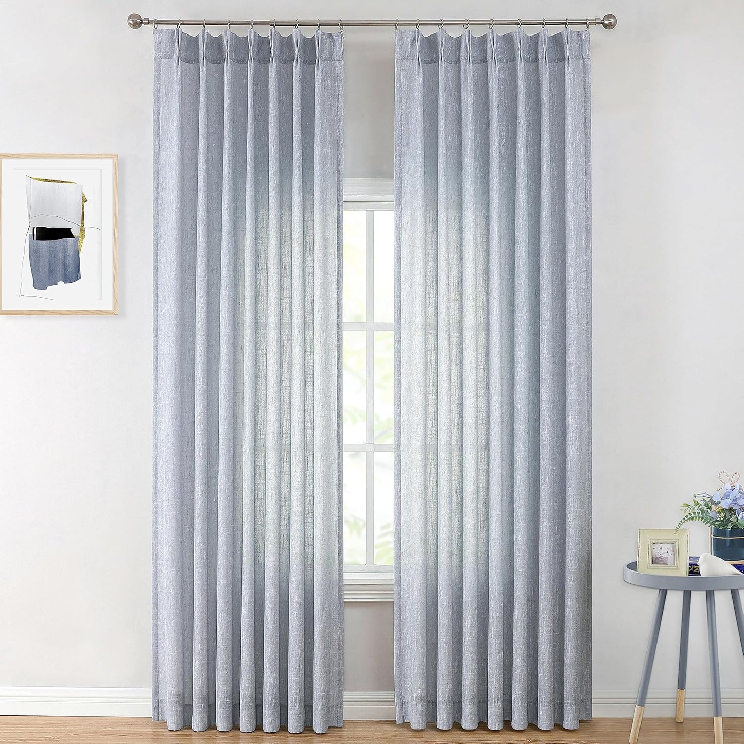 Vision Home Chambray Blue Pinch Pleated Semi Sheer Curtains Textured Light Filtering Window Curtains 95 inch for Living Room Bedroom Rayon Blended Blue Pinch Pleat Drapes with Hooks 2 Panels 40"Wx95"L
