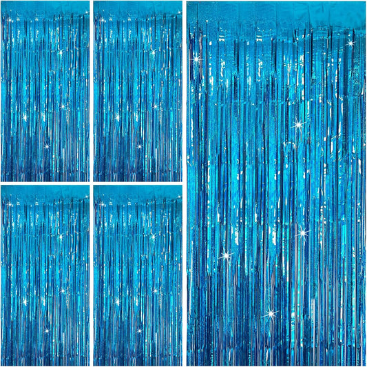 Tinsel Curtain Party Backdrop Blue Birthday Decorations 5 Packs Glitter Foil Fringe Curtain Party Decor Streamers Photo Booth for Birthday Christmas Wedding Halloween Graduation Decorations