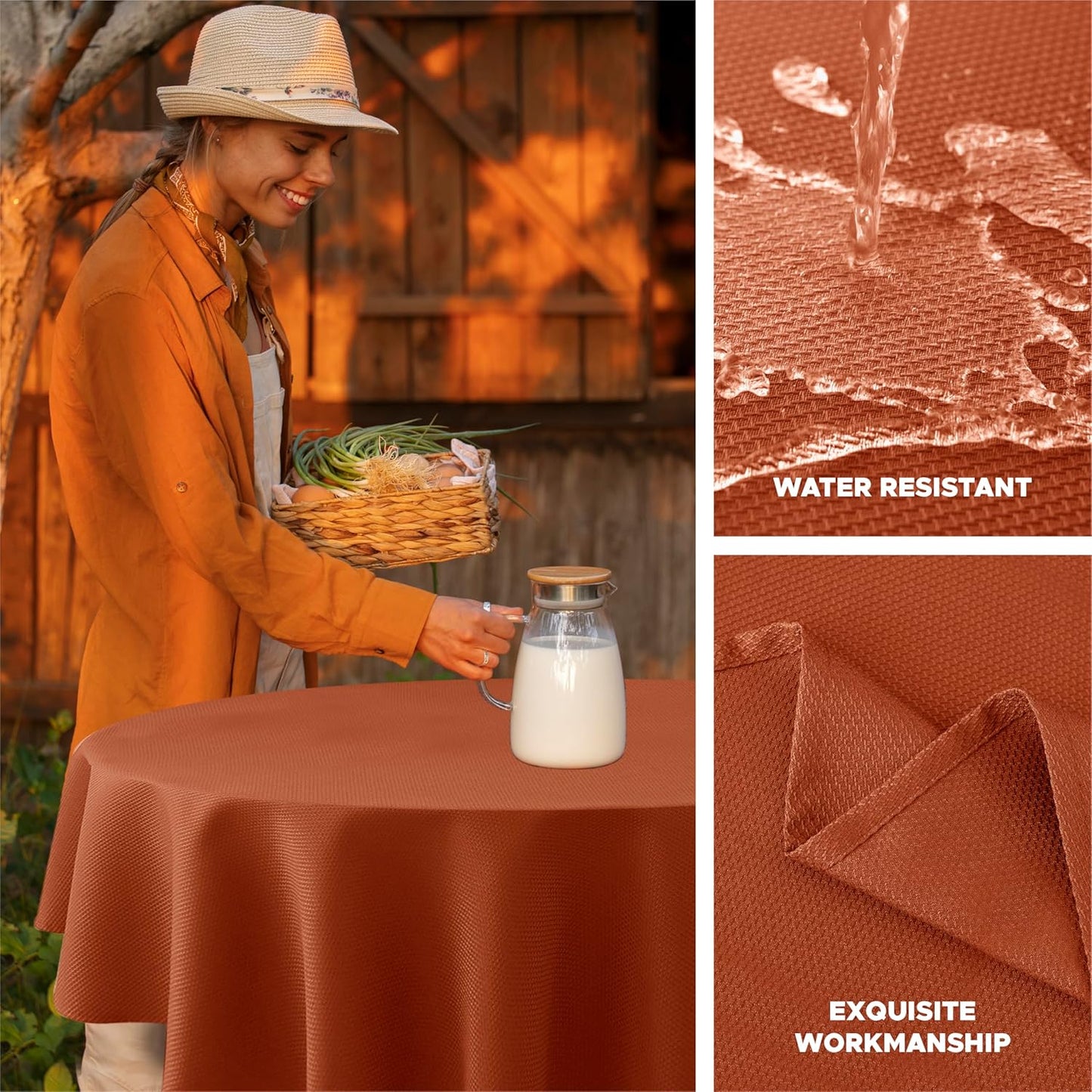 Biscaynebay Fall Tablecloth Textured Fabric Round Table Cloth 60" for Tables diameters from 28" to 48", Rust Thanksgiving Autumn Harvest Water Resistant Fabric Table Cover for Kitchen, Dining, Parties