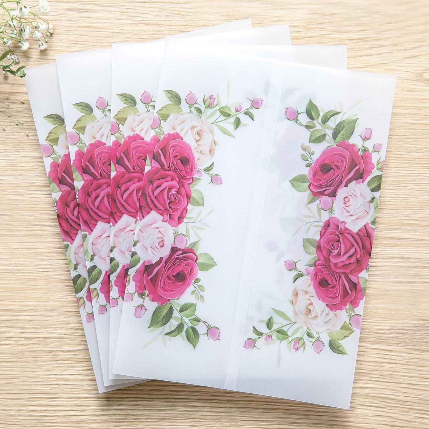 PONATIA 50PCS Vellum Jackets for 5x7 Invitation Cards- 135GSM Fuchsia Flowers Vellum Sleeves Paper 5x7 Jackets - Wedding Invitations Wraps - Transparent Card Jacket