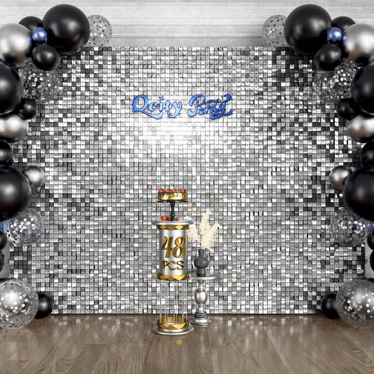 Qcity Silver Shimmer Wall Backdrop 48PCS, Black Back Not See-Through Design, Square Sequin Glitter Backdrop Panel, Perfect for Outdoor Events, Birthdays, Wedding and Party Decoration
