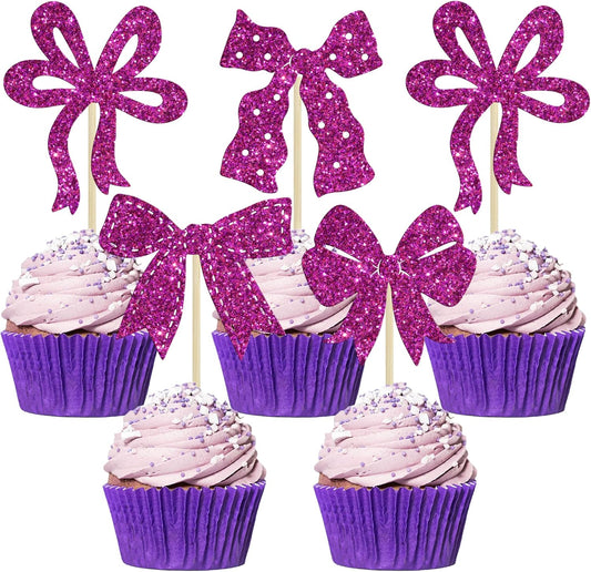 Ephlyn 24Pcs Bow Cupcake Toppers Bow Birthday Cake Topper Girls Birthday Party Decorations Bowknot Cupcake Decorations for Bridal Baby Shower Birthday Wedding Themed Party Purple