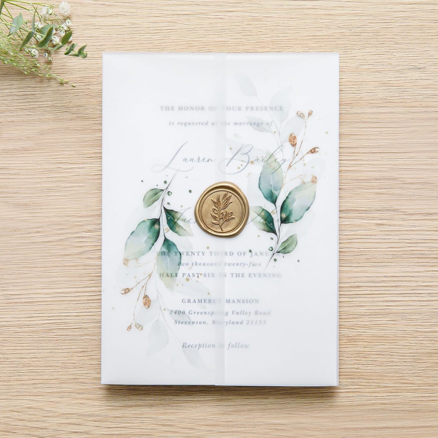 PONATIA 50PCS Vellum Jackets for 5x7 Invitation Cards - 135GSM Green Leaves Vellum Sleeves, 5x7'' Clear Jackets Wedding Invitations Wraps - Transparent Card Jackets