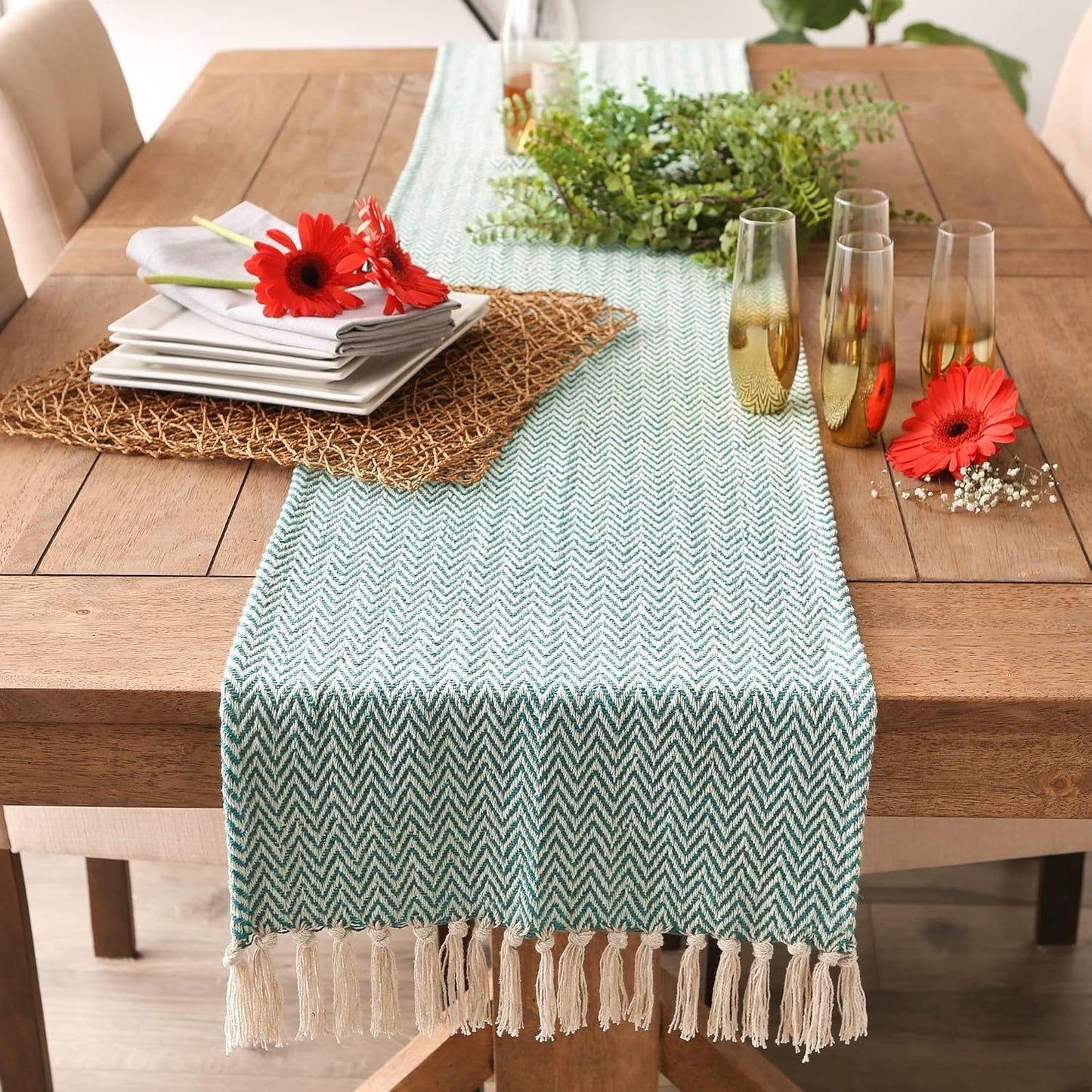 DII Woven Basic Tabletop Collection Chevron Table Runner, 15x108, Teal