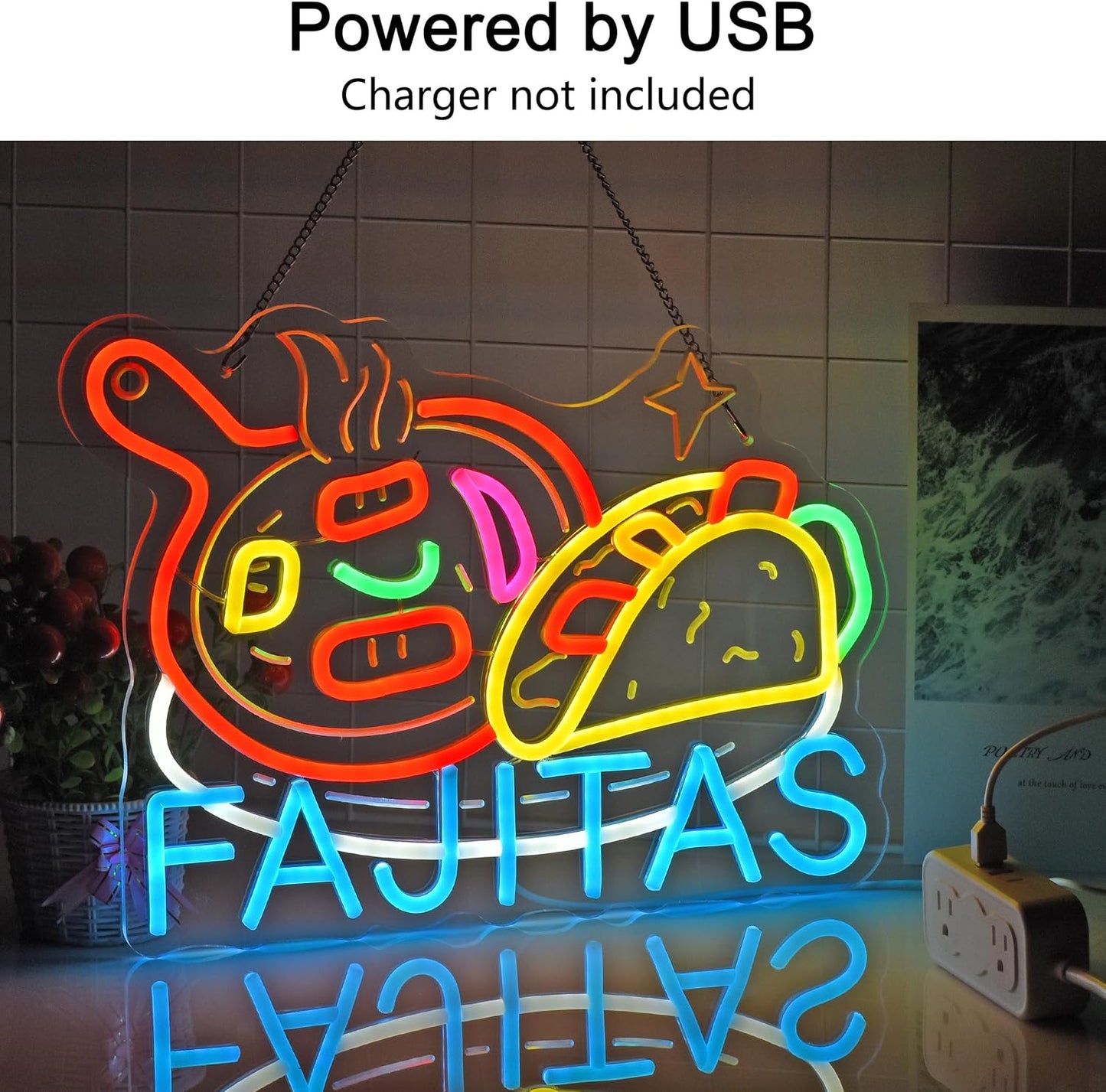 CNBEYOUNG Fajitas Neon Sign, Neon Lights Hanging Wall Art Decoration for Mexican Restaurant Shop Bar Lounge Cafe Kitchen Party Home Decor, USB Powered Ultra Bright Dimmable,15.75x 11.8inches