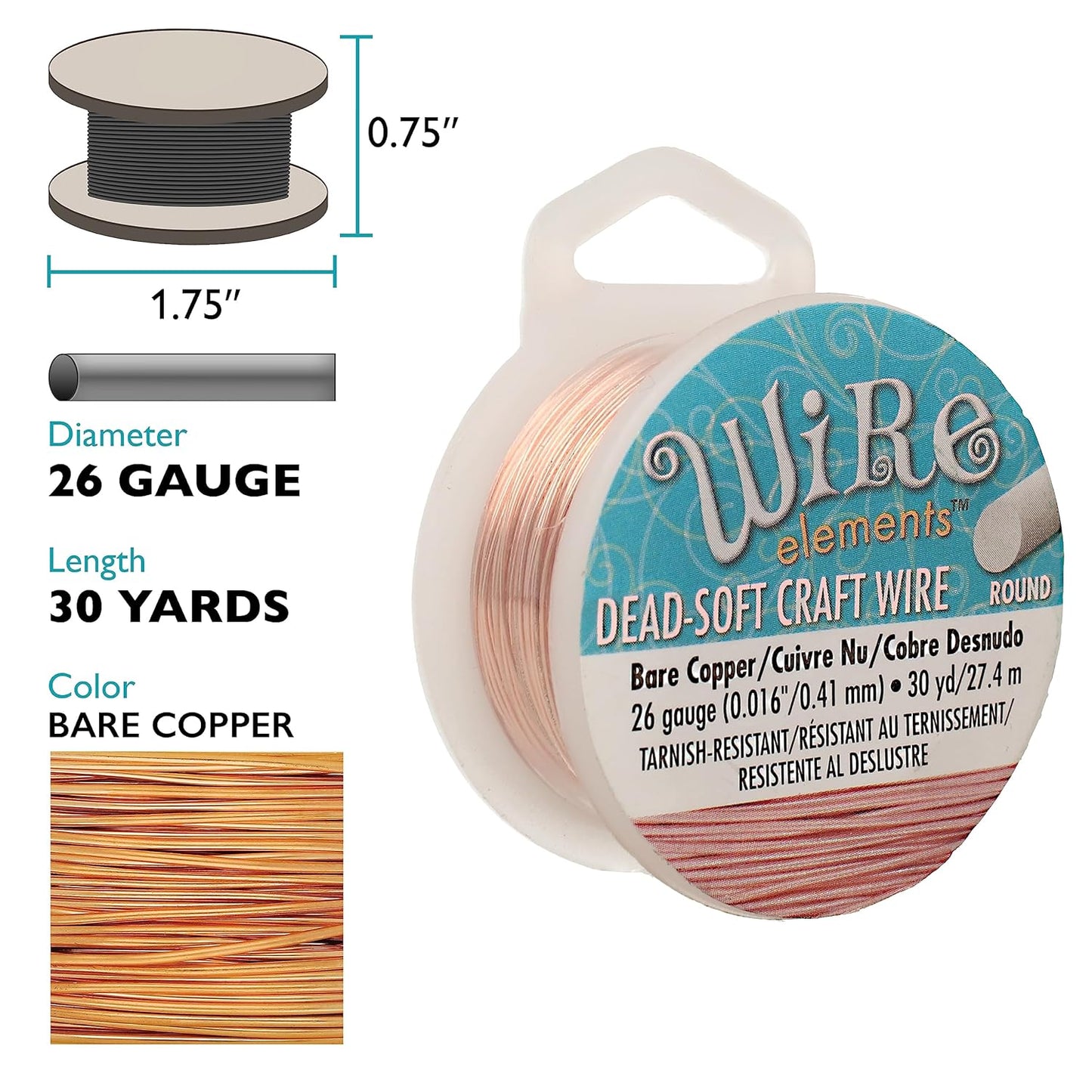 The Beadsmith Wire Elements Craft Wire – Tarnish Resistant, Soft Temper, Round, Bare Copper Color – 0.41mm, 26 Gauge, 30 Yard Spool – Jewelry Making, Wire Wrapping, Floral, & Other DIY Crafts