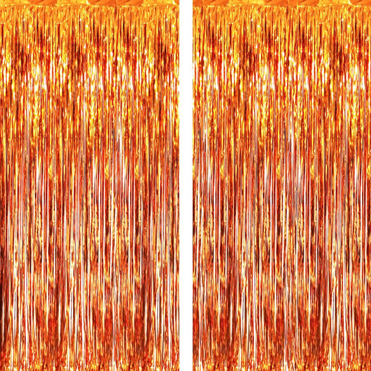 GOER 6.4 ft x 8.2 ft Metallic Tinsel Foil Fringe Curtains,Pack of 2 Party Streamer Backdrop for Birthday,Graduation Decorations and New Year Eve (Orange)