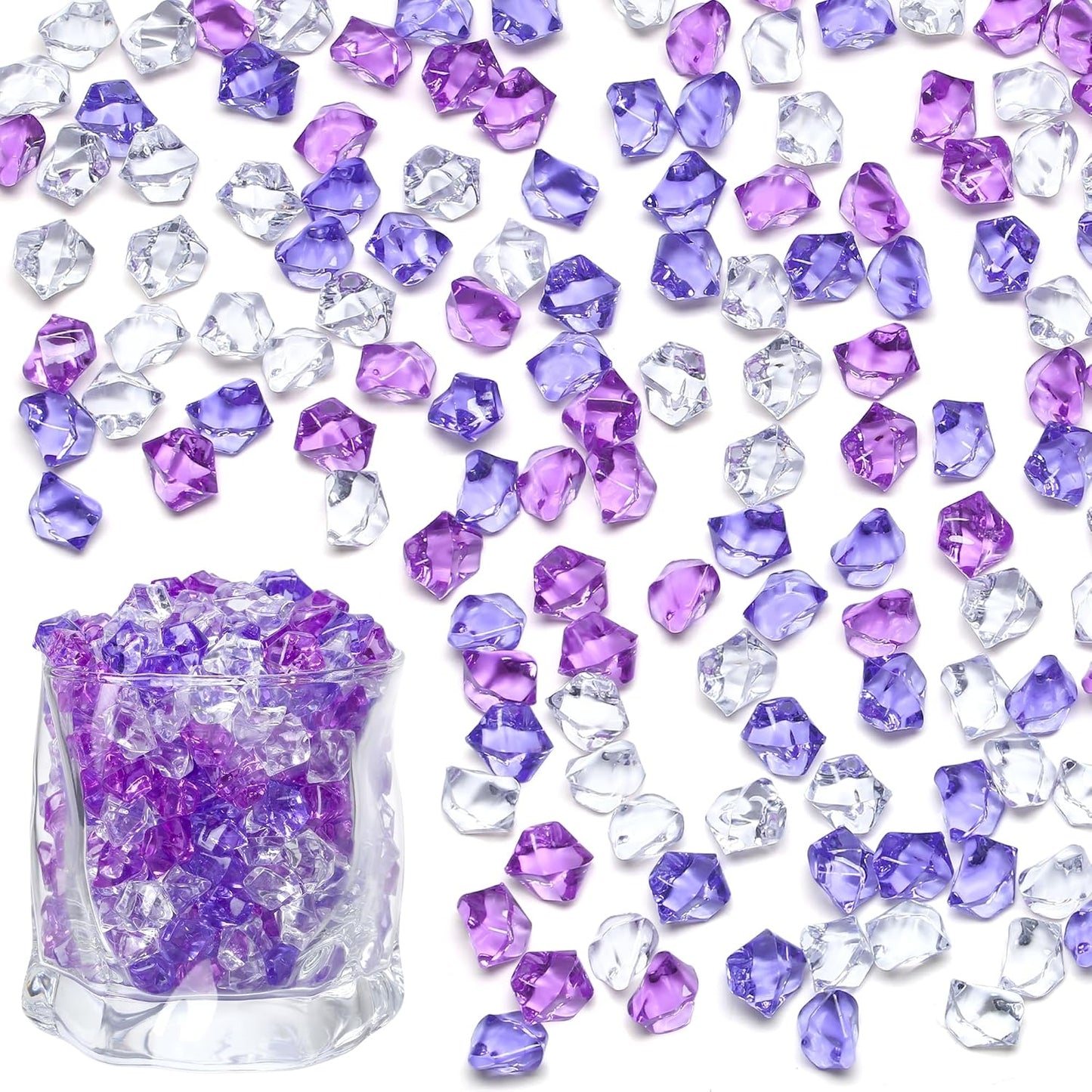 LAIDANLA 500PCS Mixed Purple Acrylic Gems Vase Fillers Fake Ice Cubes Plastic Diamonds Fake Crushed Rocks for Centerpiece DIY Party Table Scatter Prop Wedding Decoration Accessories