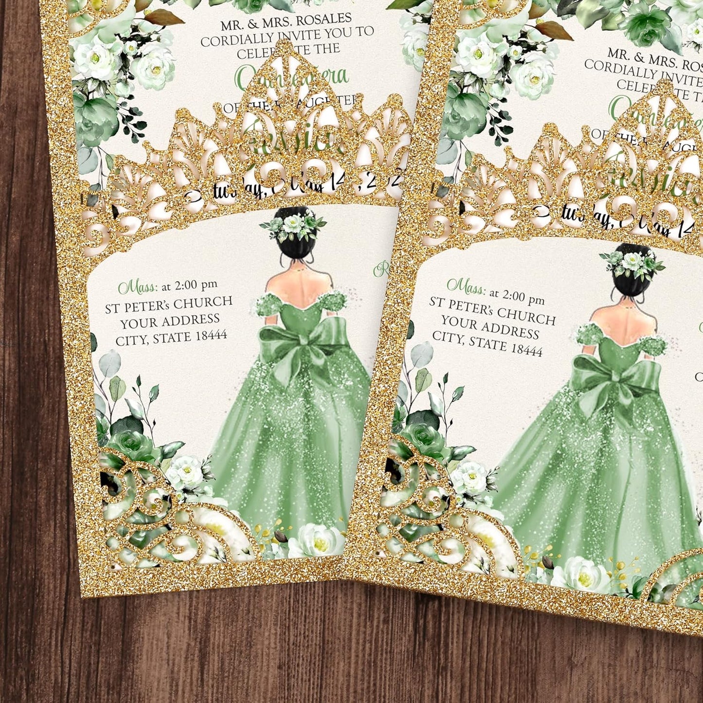 50Pcs Sage Green Crown Quinceanera Invitation for 15 year, Sweet 16, Miss XV, Birthday Laser Cut Quince Invitation Cards Personalized Glitter Gold