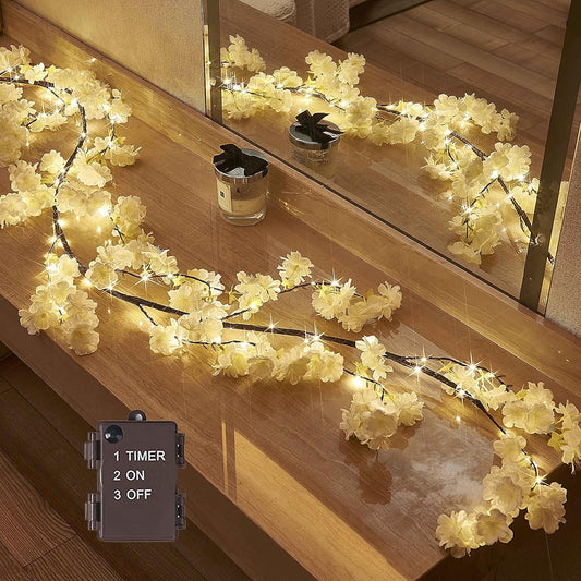 Hairui Cherry Blossom 96 LED Fairy Lights 6FT Garland, White, Battery Operated with Timer for Indoor/Outdoor Decor