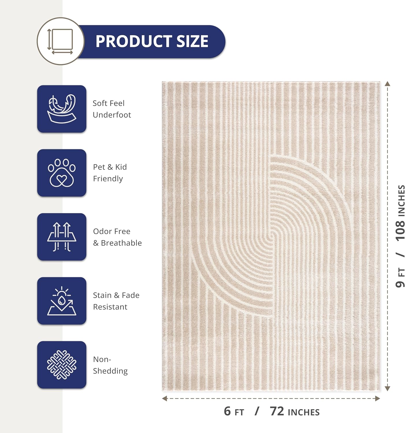 Abani Area Rug for Living Room -Nuevo 6' x 9' Beige Arch Pattern Area Rug, Soft and Durable Living Room Rug, Stain and Fade Resistant, Chic Modern Design, Pet & Kid Friendly