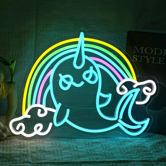Rainbow Narwhal Neon Sign Dreamy Narwhal Led Sign Dimmable Rainbow Cloud Light up Sign Cute Fish Neon Light Decor for Bedroom Living Room Girl Dorm Shop Birthday Party Wedding Cartoon Lover