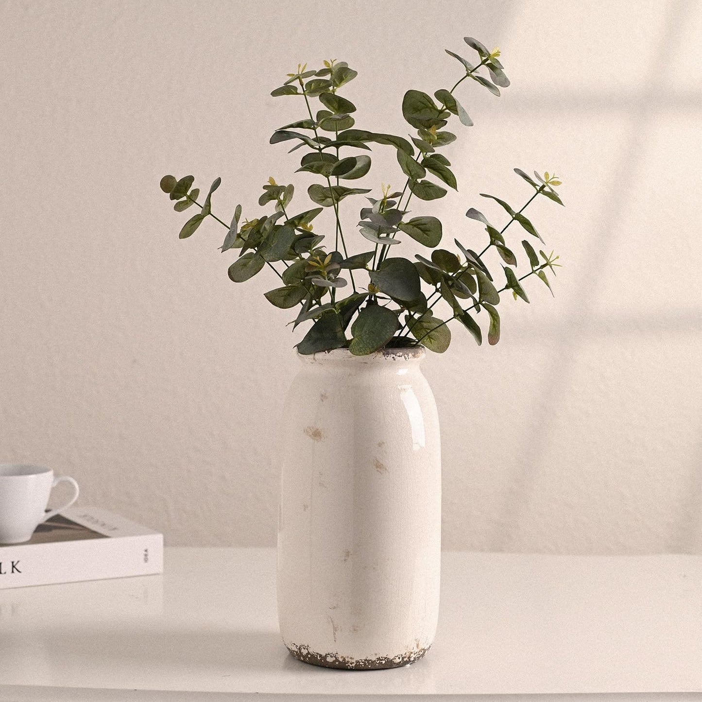 VICTOR & TERESA Rustic Large White Vase for Home Decor, 10'' Tall Ceramic Vases for Flowers, Farmhouse Decorative Vases for Pampas Grass, Table, Mantel, Living Room, Centerpieces