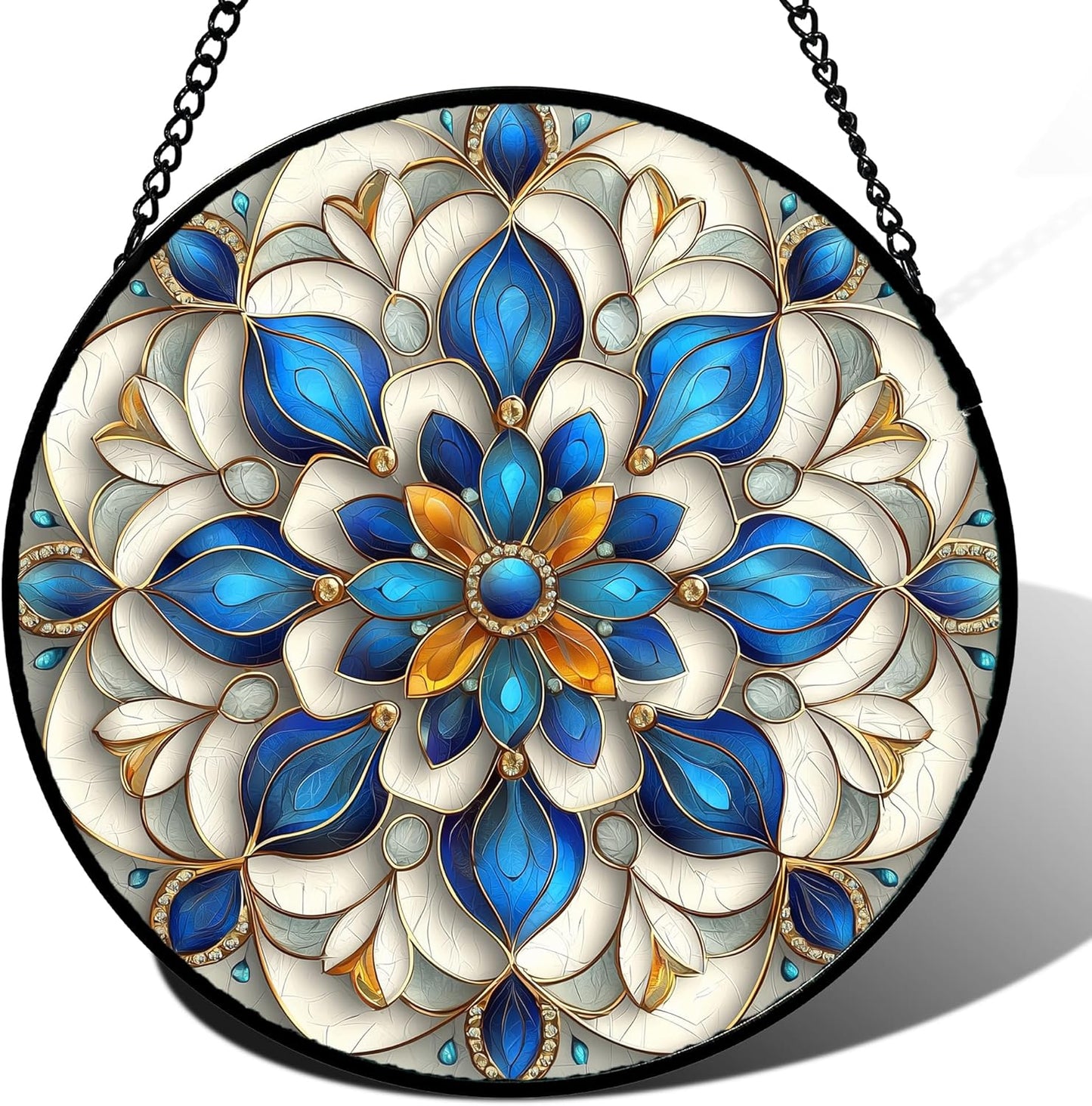 Stained Glass Window Hanging - Blue and White Abstract Flowers Suncatcher for Door Terrace Garden Home Decor, Gold Sun Catcher Birthday Gifts for Lovers Women Men Dad Mom Nana 15 in