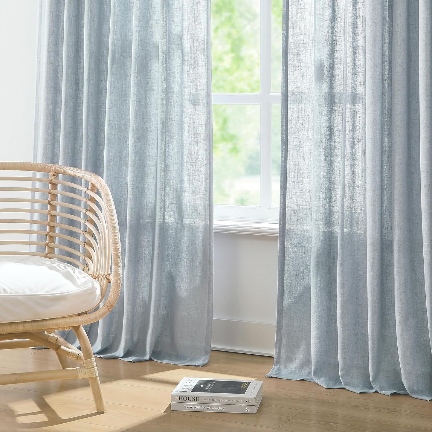 Vision Home Blue Fog Pinch Pleated Semi Sheer Curtains Textured Linen Blended Light Filtering Window Curtains 102 inch for Living Room Bedroom Pinch Pleat Drapes with Hooks 2 Panels 40" Wx102 L