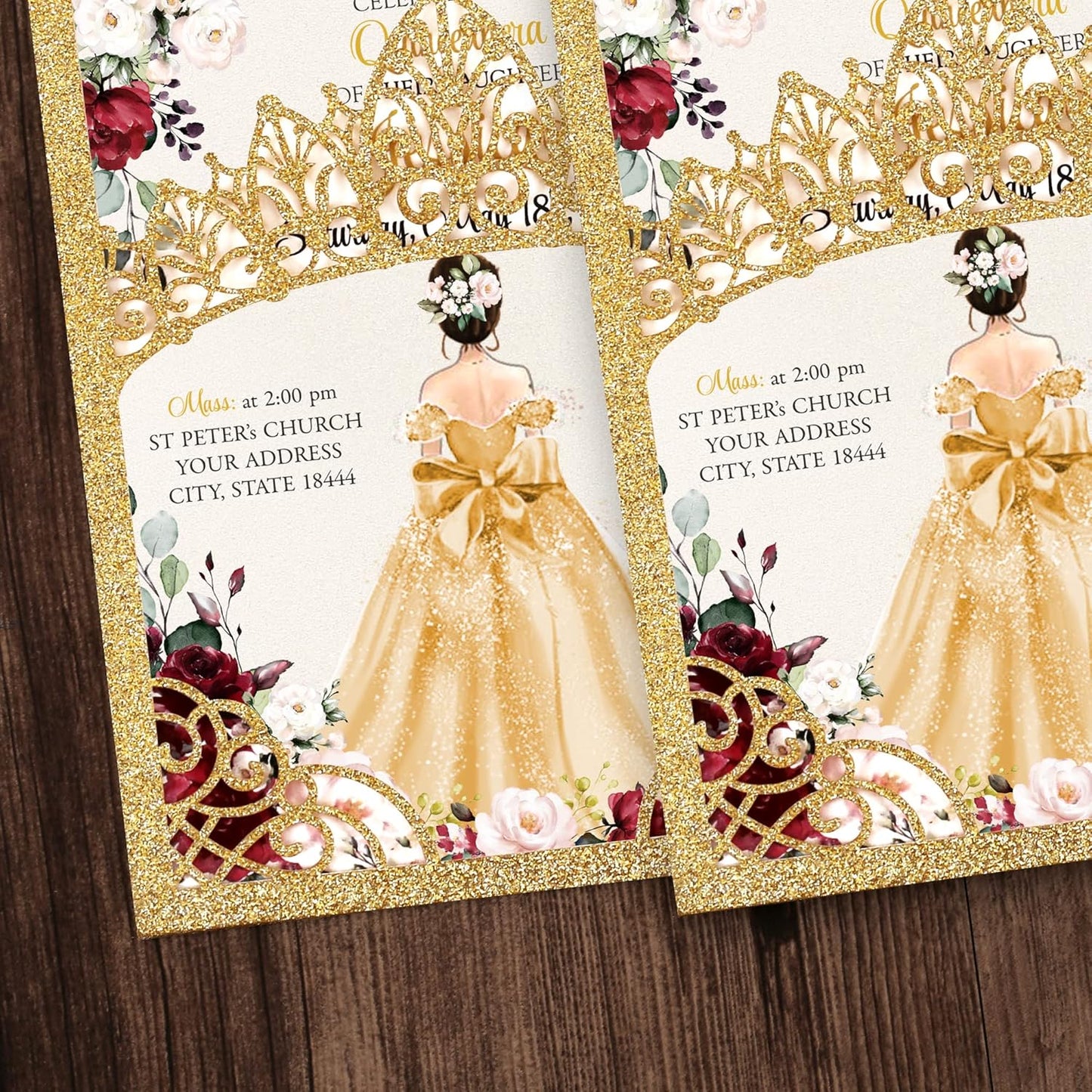 50Pcs Gold Crown Quinceanera Invitation for 15 year, Sweet 16, Miss XV, Birthday Laser Cut Quince Invitation Cards Personalized Glitter Gold