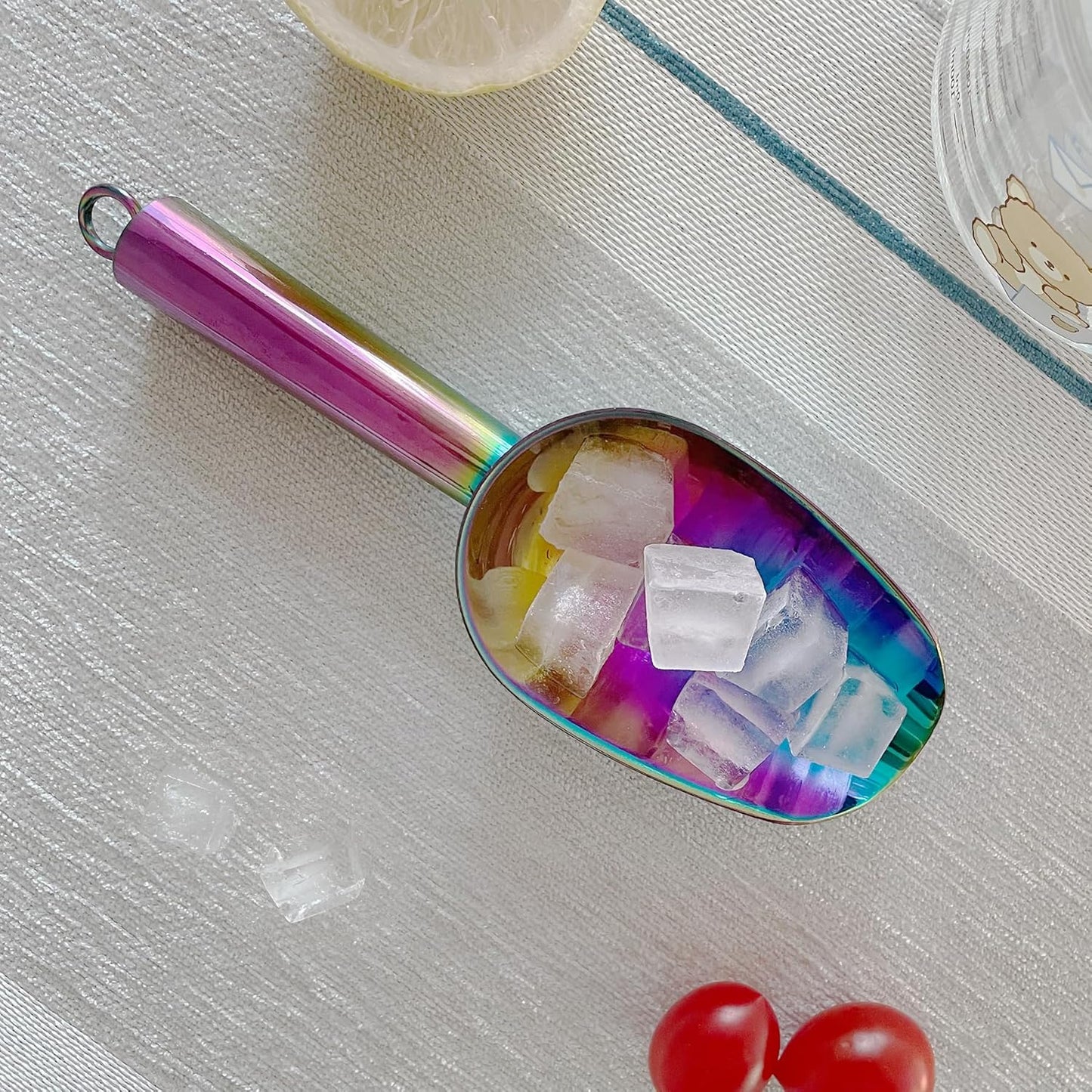 Metal Ice Scoop 3 Oz, Small Stainless Steel Ice scooper for Ice Maker Ice Bucket Kitchen Freezer Bar Party Wedding, Multipurpose for Coffee Bean,Flour Scoop,Dog Food Scoop (3 OZ-Rainbow)