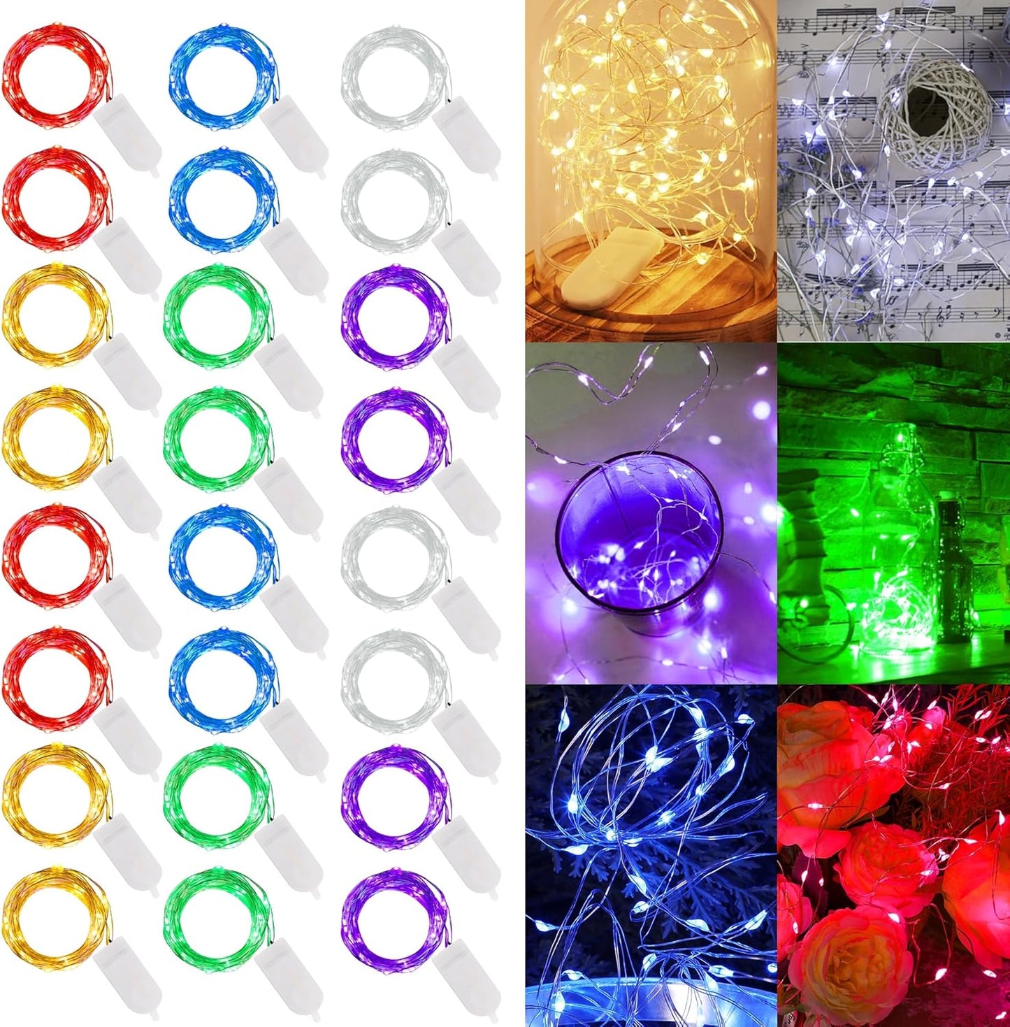 WATERGLIDE 24 Pack Fairy Lights Battery Operated (Included), 7 ft 20 LED Mini String Lights, Waterproof Silver Wire Firefly Starry Lights for DIY Wedding Christmas Party Mason Jars Decor, Multicolor