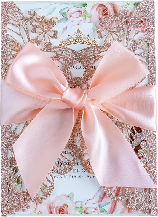 20 PCS 5.12x7.2 Butterfly Quinceanera Invitation, Laser Cut Wedding Invitation Cards with Envelopes for XV Anos Bridal Shower Baby Shower Invite (Rose Gold Glitter)