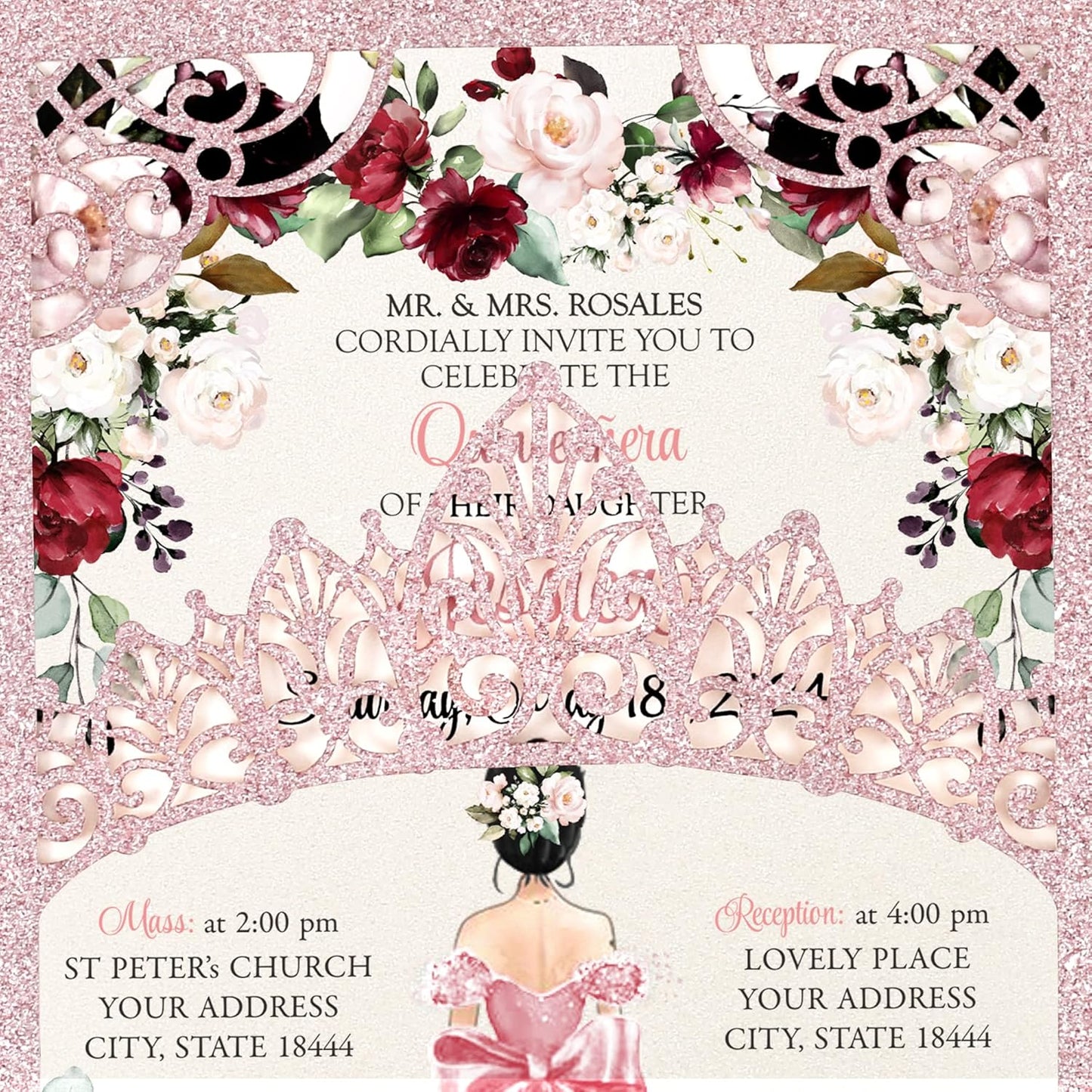 50Pcs Pink Crown Quinceanera Invitation Burgundy for 15 year, Sweet 16, Miss XV, Birthday Laser Cut Quince Invitation Cards Personalized Glitter Pink