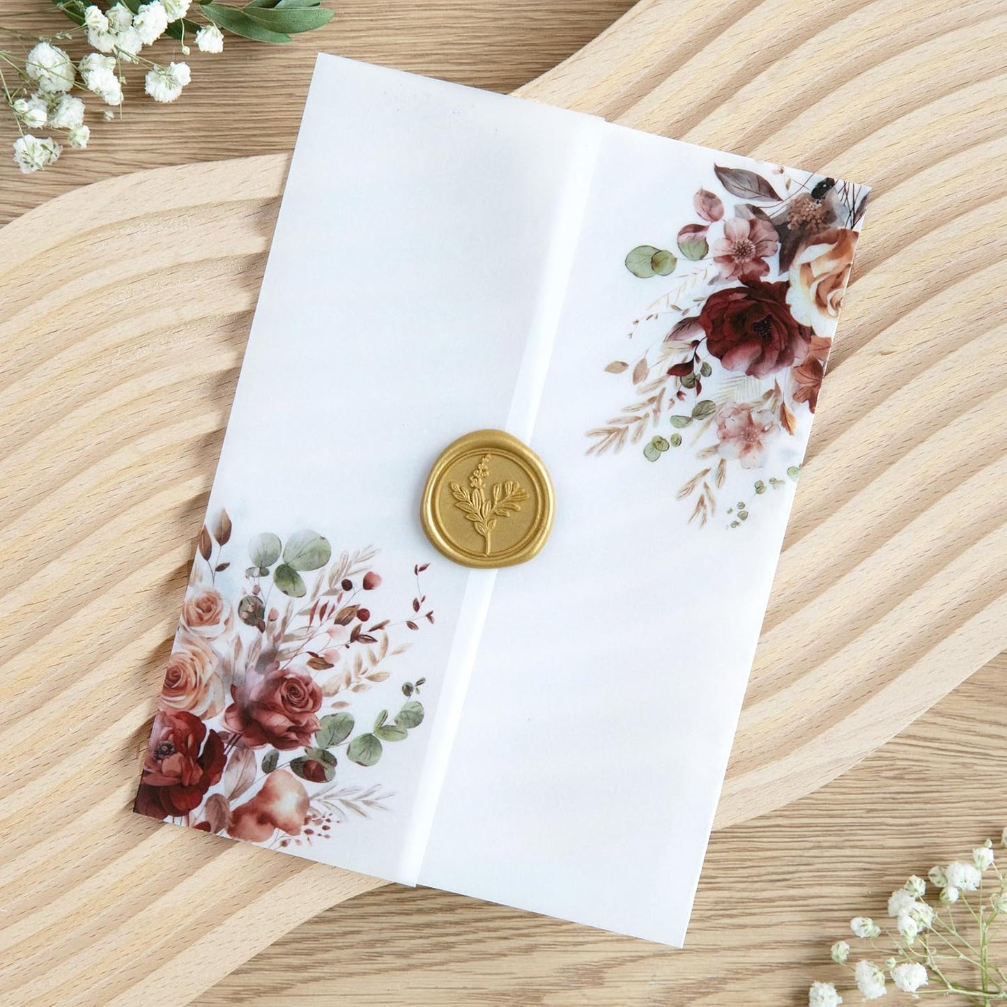 PONATIA 50PCS Vellum Jackets for 5x7 Invitation Cards- 135GSM Burnt Orange Floral Printed Vellum Sleeves, Quinceanera Wedding Invitation Cards Wraps, Transparent Christmas Gift Cards Jackets