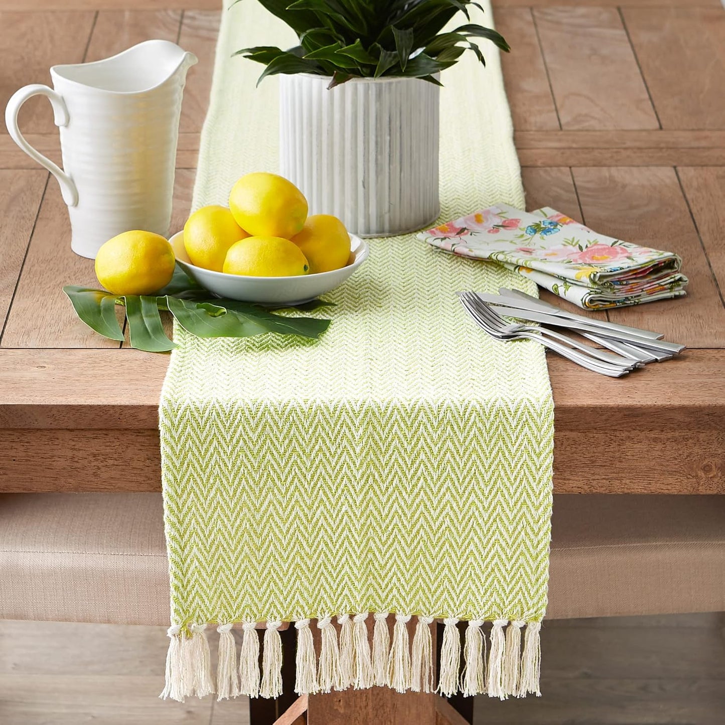DII Woven Basic Tabletop Collection Chevron Table Runner, 15x108, Avocado