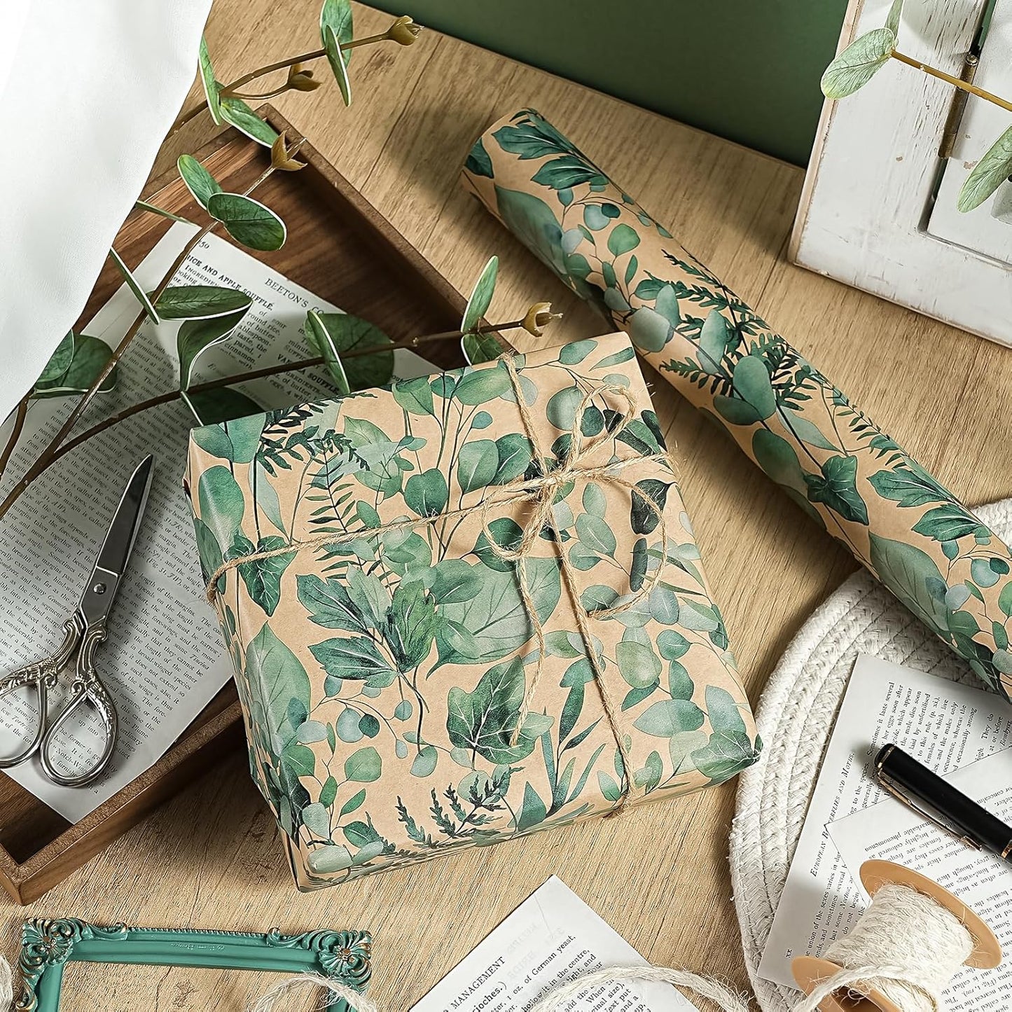 WRAPAHOLIC Kraft Eucalyptus Leaves Wrapping Paper Roll - Mini Roll - 17 Inch x 16.5 Feet - Greenery Wrapping Paper Perfect for Birthday, Wedding, Bridal Shower