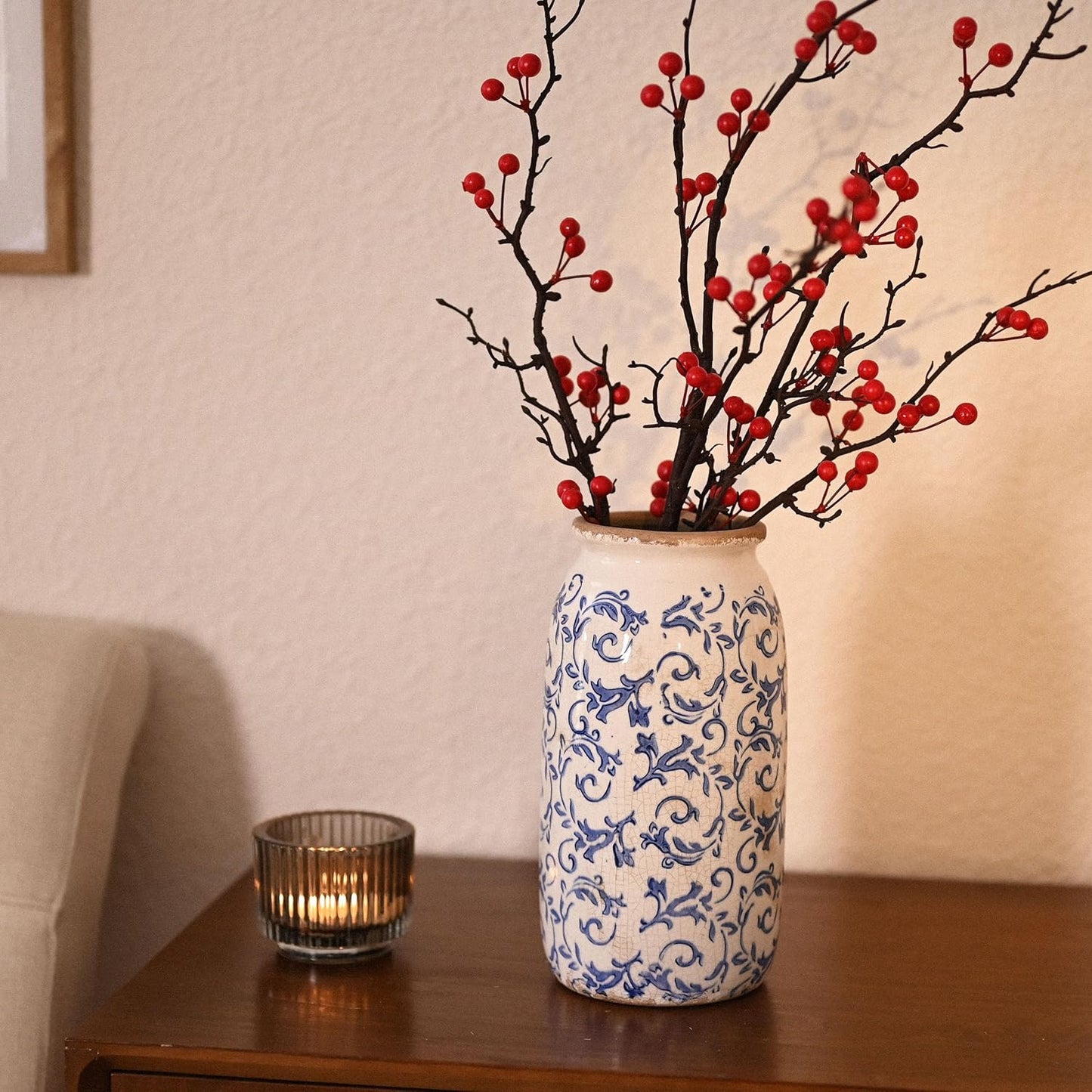 VICTOR & TERESA Rustic Blue and White Vase for Home Decor, Ceramic Vases for Flowers, Modern Farmhouse Decorative Vases for Pampas Grass,Table, Mantel, Living Room,Bookshelf, Centerpieces, 8''