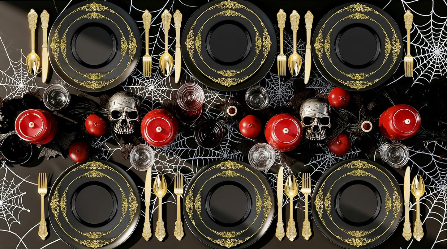 Nervure 350PCS Black Plastic Plates - Black Plastic Dinnerware Sets for 50 Guests - 100 Disposable Plates, 150 Gold Silverware, 50 Cups, 50 Napkins for Wedding & Party & Halloween