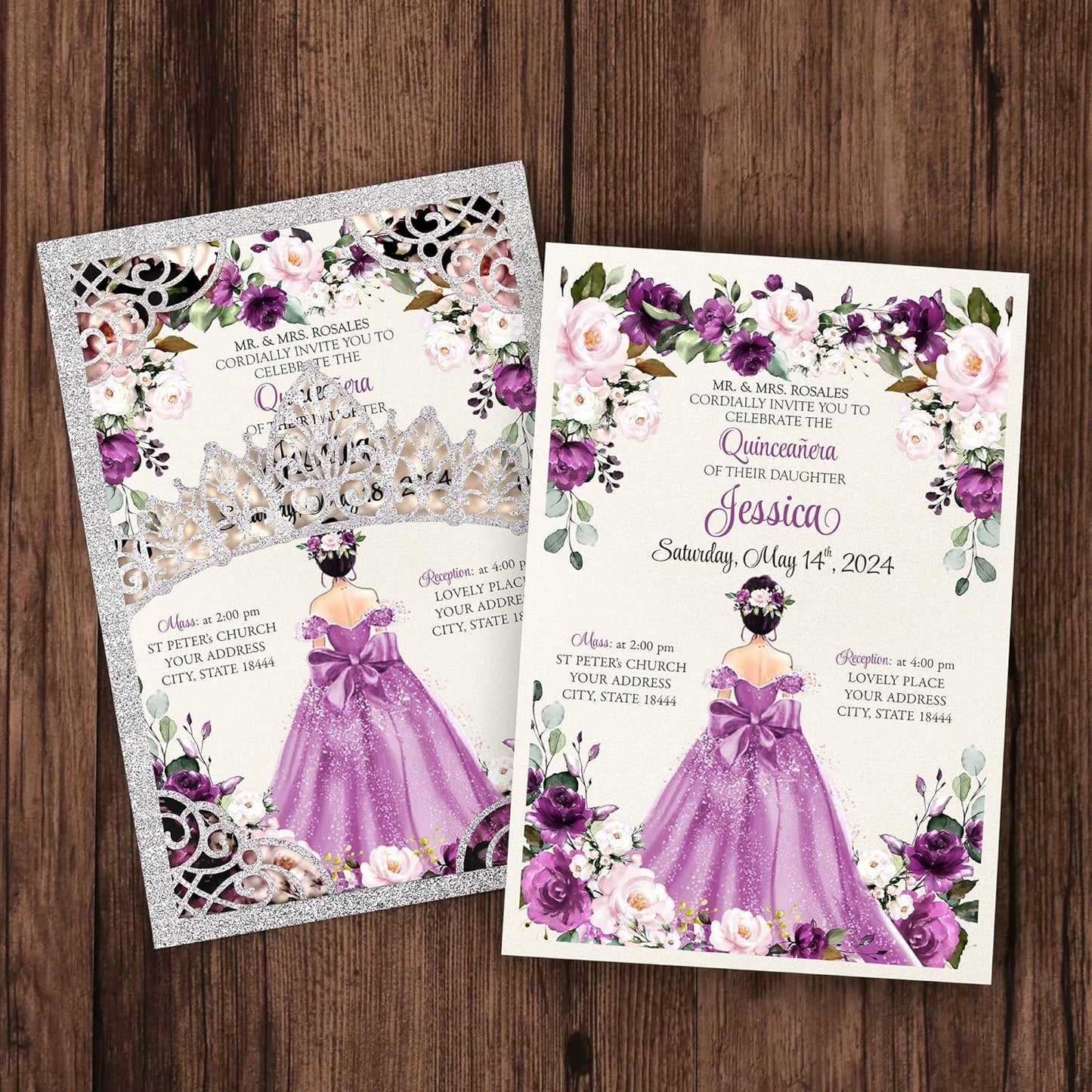 50Pcs Purple Crown Invitations for Quinceanera, 15 year, Sweet 16, Miss XV, Birthday Laser Cut Quince Invitation Cards Personalized Glitter Silver