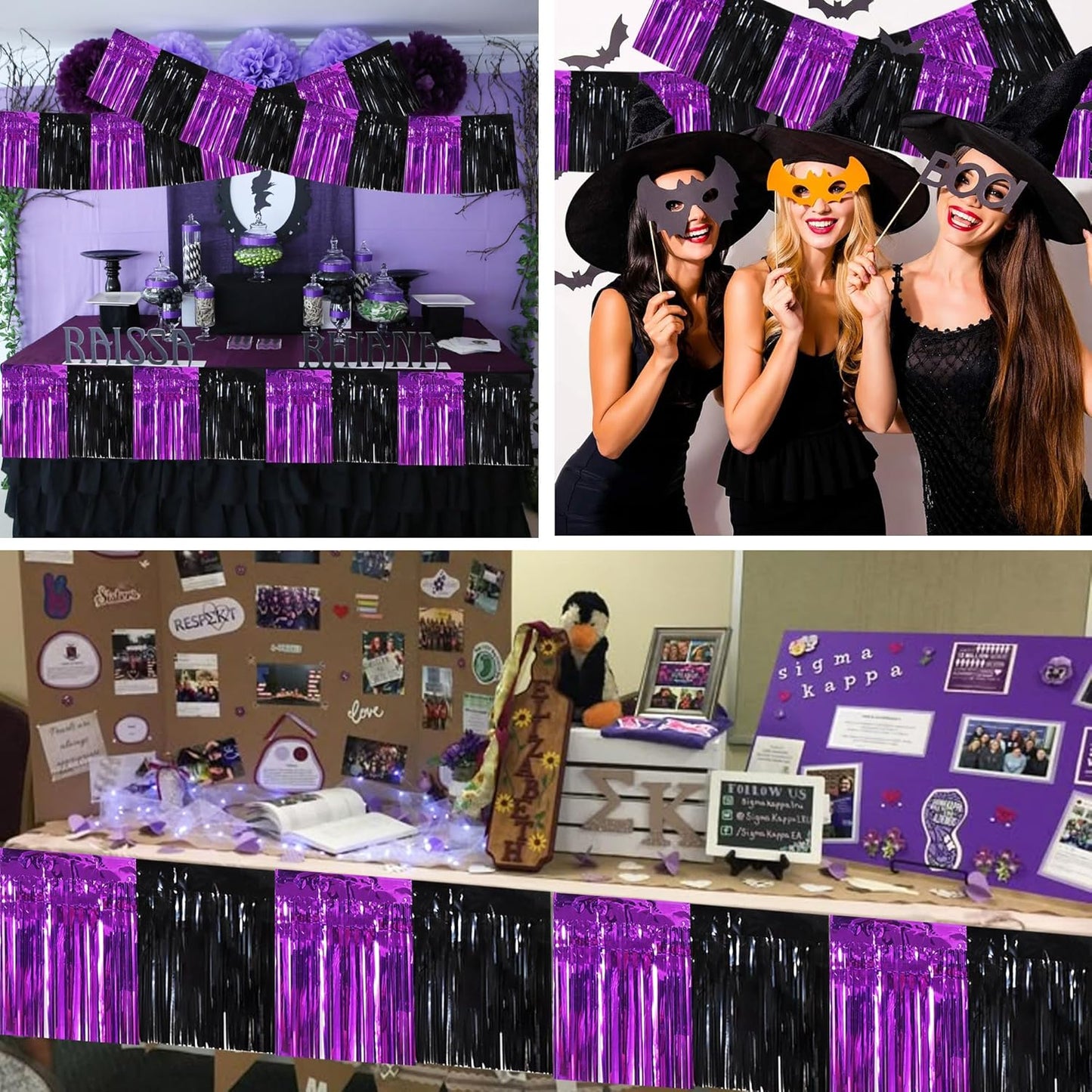 BEISHIDA 3 Packs Metallic Foil Fringe Garland Black Purple Wall Hanging Tinsel Fringe Banners for Halloween Car Floats Bridal Shower Wedding Birthday Easter Graduation Holiday Party Decoration (30 Ft)