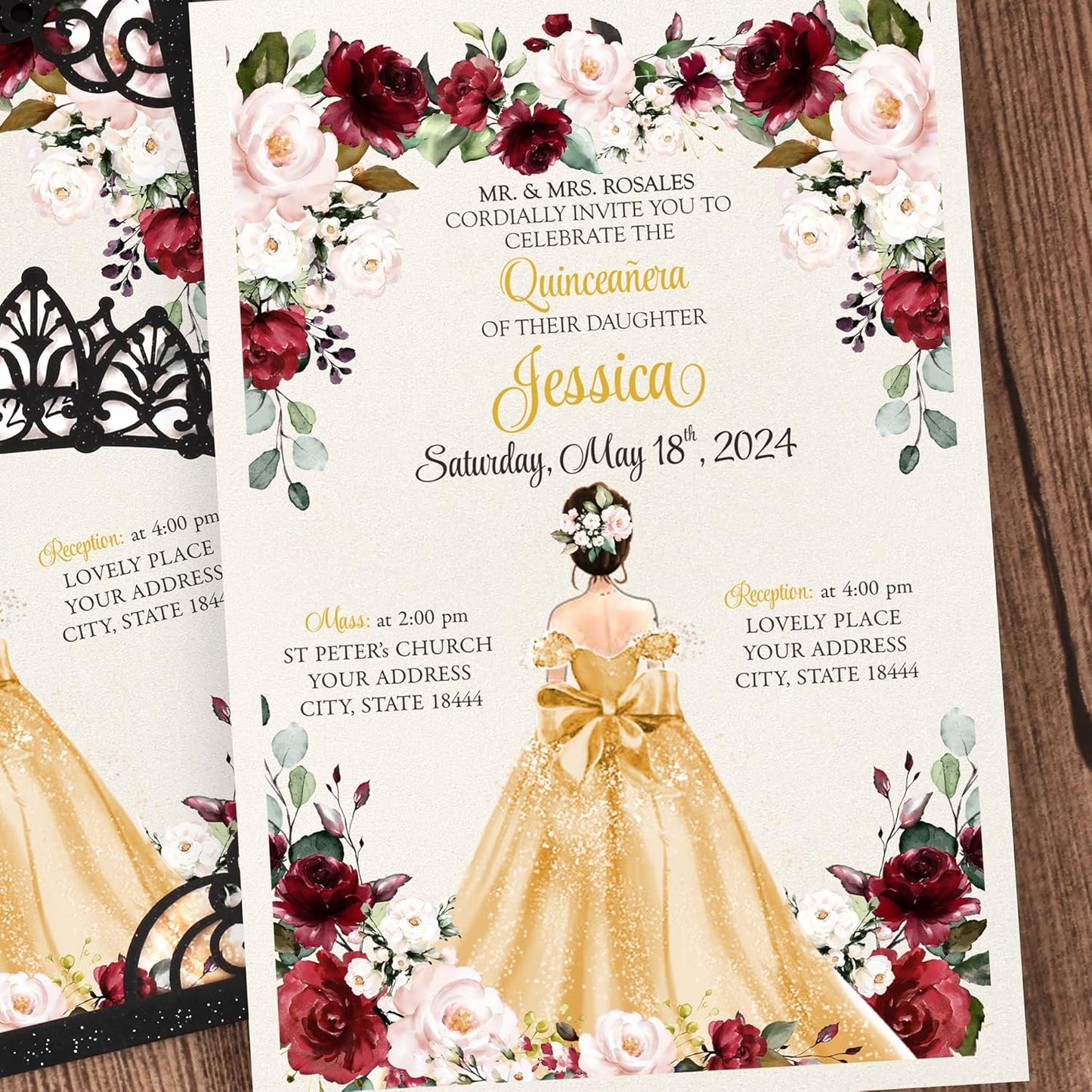 50Pcs Gold Crown Invitations for Quinceanera, 15 year, Sweet 16, Miss XV, Birthday Laser Cut Quince Invitation Cards Personalized Pearlized Black