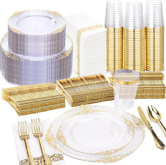 Nervure 350PCS Clear Gold Plastic Plates - Gold Plastic Dinnerware Sets for 50 Guests - 100 Disposable Plates, 150 Silverware, 50 Cups, 50 Napkins for Wedding & Party & Thanksgiving