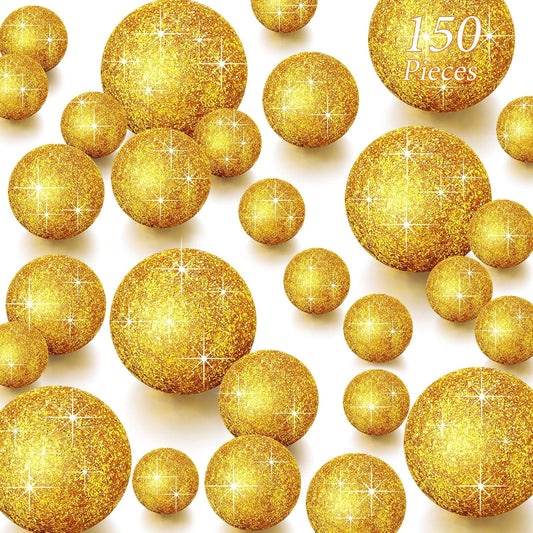 150 Pieces Vase Filler Faux Pearls Vase Makeup Beads No Hole Gloss Bead Mixed Sizes Round Pearl for Home Party Wedding Decor, 8/14/20 mm(Glitter Gold)