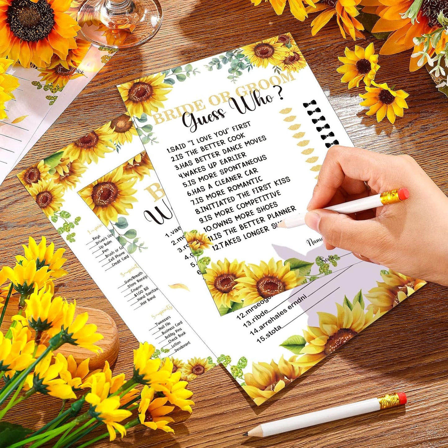 Teling 145 Pieces Bridal Shower Game Bridal Shower Favors Set Wedding Games Cards and Pencils for Bride Groom Bachelorette Party Wedding Party Favor(Sunflower Style)