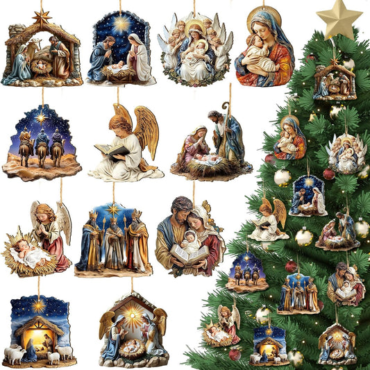 Suzile 36 Pcs Wooden Ornaments Vintage Tree Ornaments Decorations for Tree Wreaths Hanging Wood Cutouts Decor for Home Winter Party(Jesus)