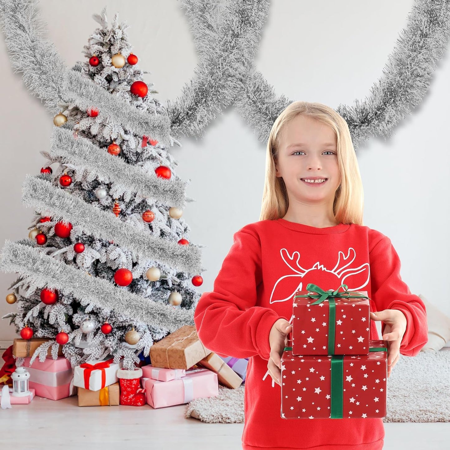 32.8 Ft Silver Christmas Tinsel Garland Metallic Shiny Tassle Banner Wall Hanging Tinsel Streamers Backdrop for Christmas Holiday Birthday Supplies Indoor Outdoor Ornaments Home Decor