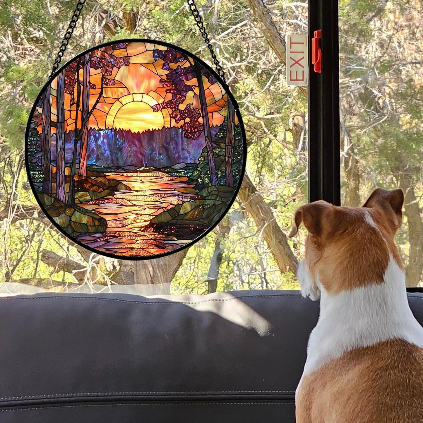 Stained Glass Window Hanging, Orange Landscape Green Purple Lake Forest Suncatcher for Doors Window Home Sun Catchers Decor Mother's Day Birthday Gifts for Women Men Mom 9.8 in