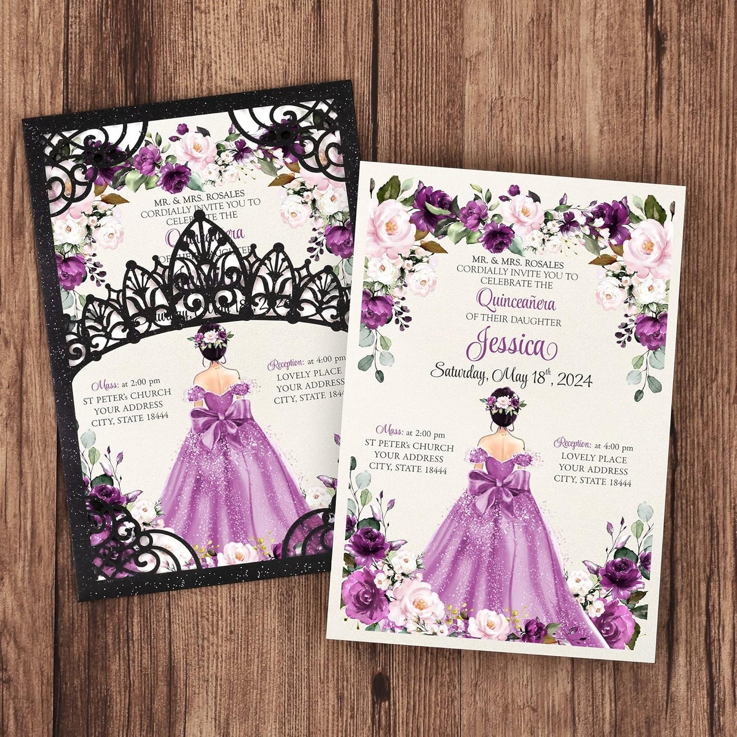 50Pcs Purple Crown Invitations for Quinceanera, 15 year, Sweet 16, Miss XV, Birthday Laser Cut Quince Invitation Cards Personalized Pearlized Black