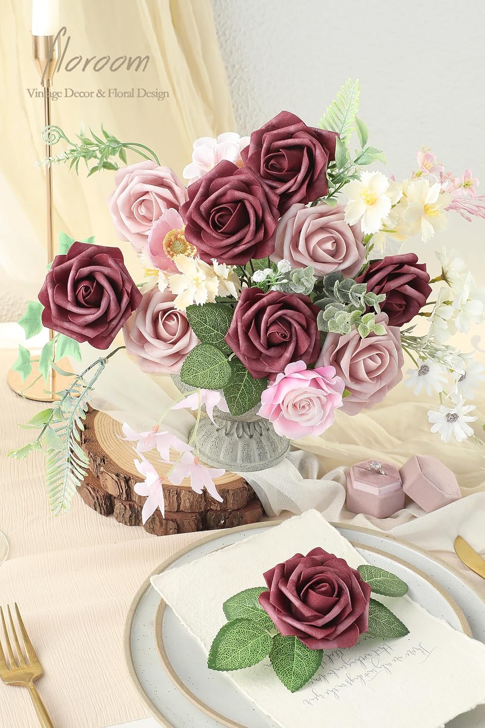 Floroom Artificial Flowers 25pcs Real Looking Cinnamon Rose & Shabby Pink Foam Fake Roses with Stems for DIY Wedding Bouquets Bridal Shower Centerpieces Floral Arrangements Party Tables Decorations