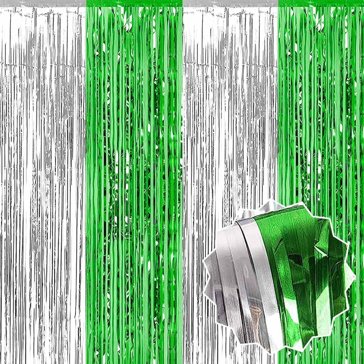 6 Pack Silver Green Foil Fringe Curtains Backdrop, 3.28 x 8.2 Ft Metallic Streamers Tinsel Curtains Background for Photo Booth, Birthday, Weddings, Carnivals, Graduation, Themed Party Decorations