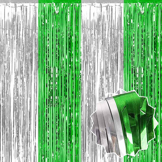 6 Pack Silver Green Foil Fringe Curtains Backdrop, 3.28 x 8.2 Ft Metallic Streamers Tinsel Curtains Background for Photo Booth, Birthday, Weddings, Carnivals, Graduation, Themed Party Decorations