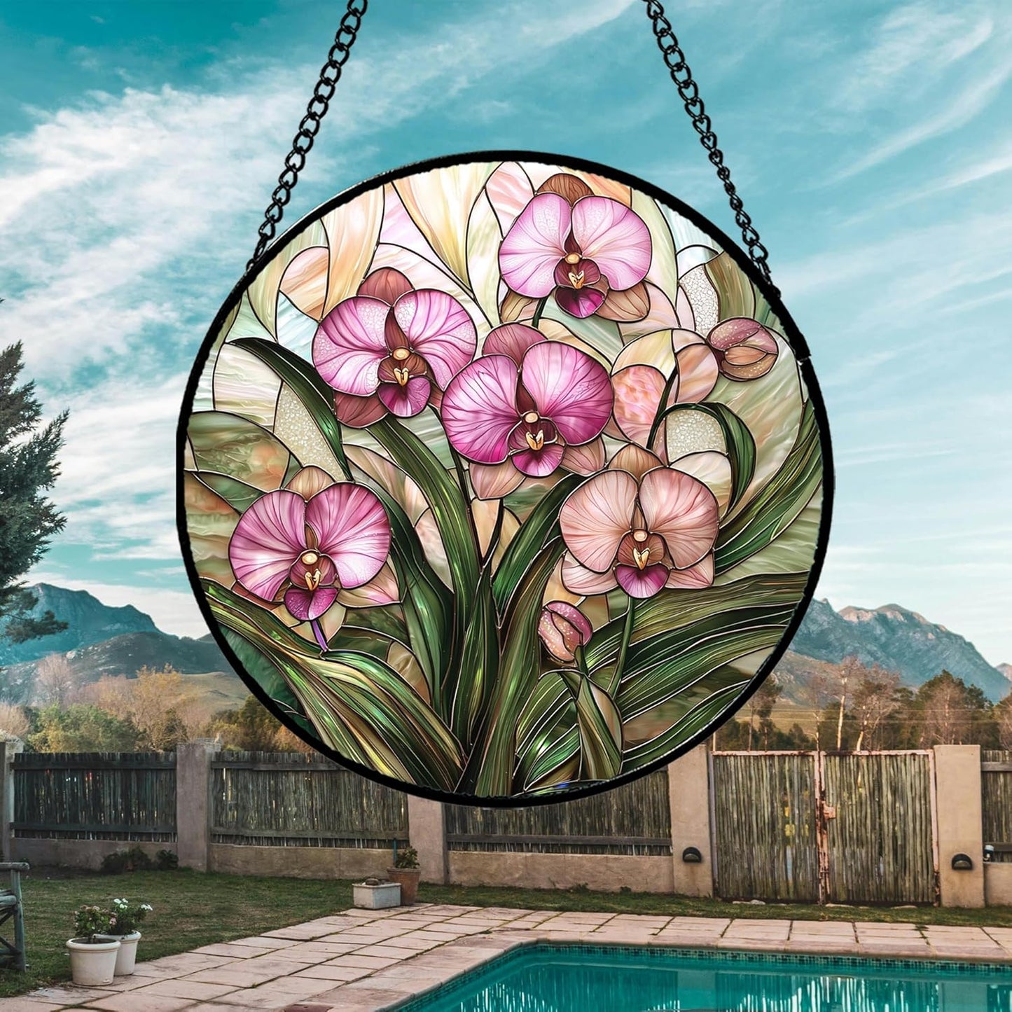 Stained Glass Window Hanging - Pink Phalaenopsis Orchid Green Leaves Sun Catcher for Door Home Decor Flower Suncatcher Christmas Mother's Day Birthday Gifts for Women Men Mom Nana 11.8 in