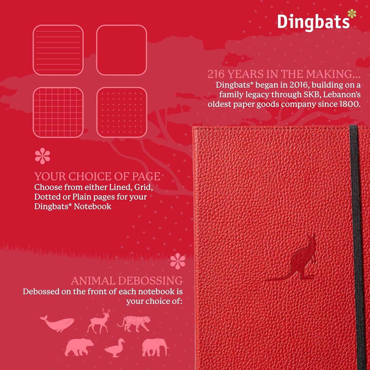 Dingbats* Wildlife Grid Writing Journal Notebook A5 - Vegan Leather Hardcover - Ideal for Work, Travel - Pocket, Elastic Closure, & Bookmark
