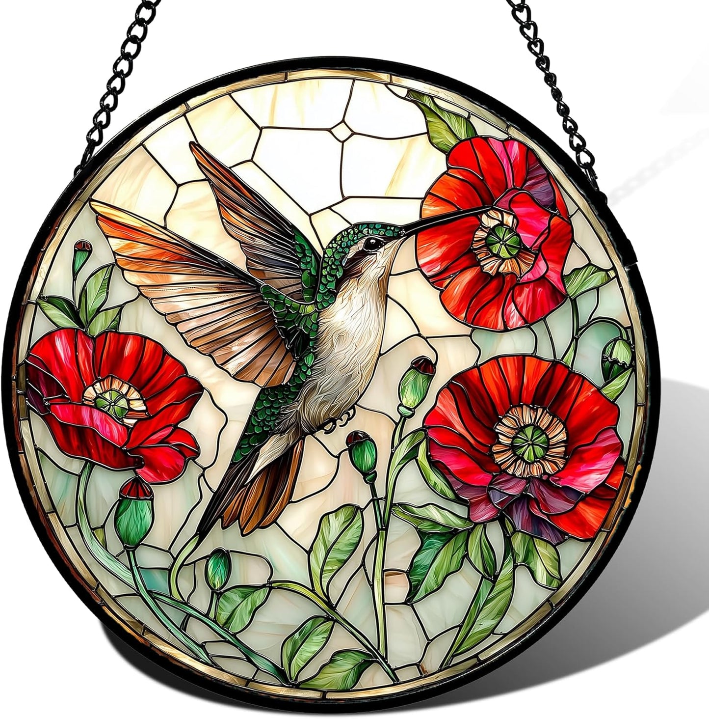 Stained Glass Window Hanging - Green Hummingbird Red Flower Suncatcher for Door Terrace Garden Home Decor Bird Landscape Sun Catcher Birthday Gifts for Lovers Women Men Dad Mom Nana 15 in