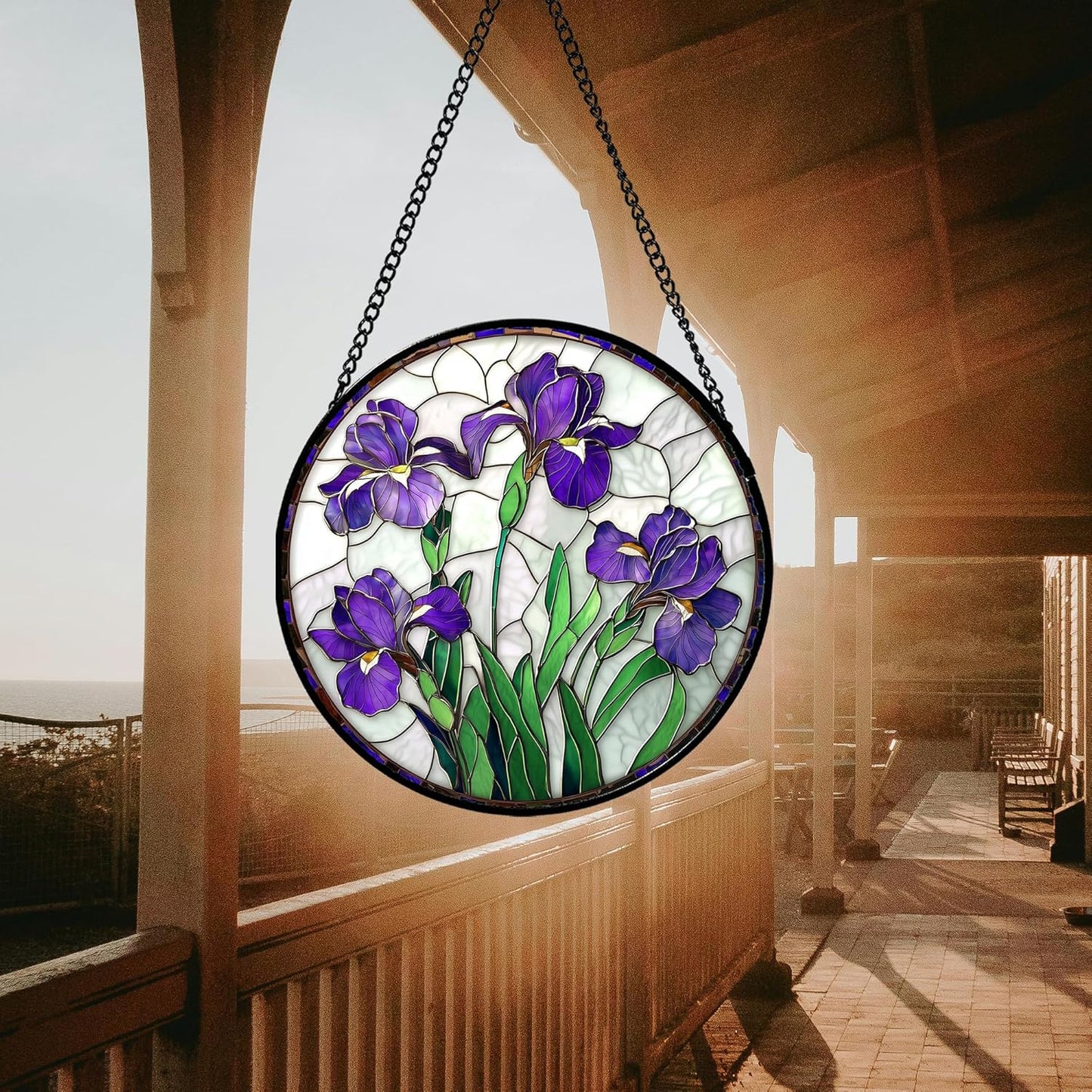 Stained Glass Window Hanging - Purple Iris Flower Sun Catcher for Door Terrace Garden Home Decor, Green Plants Suncatcher Birthday Gifts for Lovers Women Men Dad Mom Nana 9.8 in