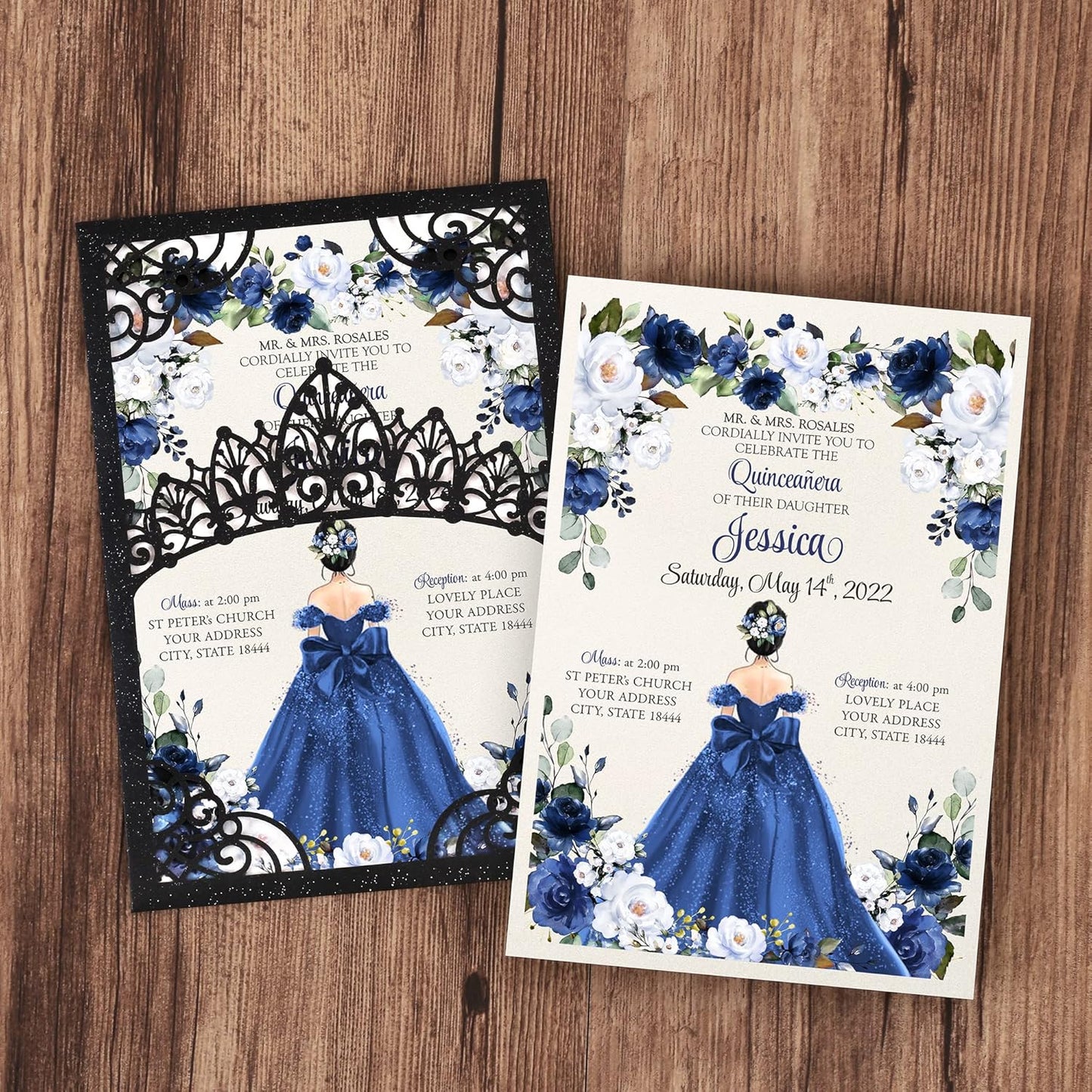50Pcs Navy Blue Crown Invitations for Quinceanera, 15 year, Sweet 16, Miss XV, Birthday Laser Cut Quince Invitation Cards Personalized Pearlized Black